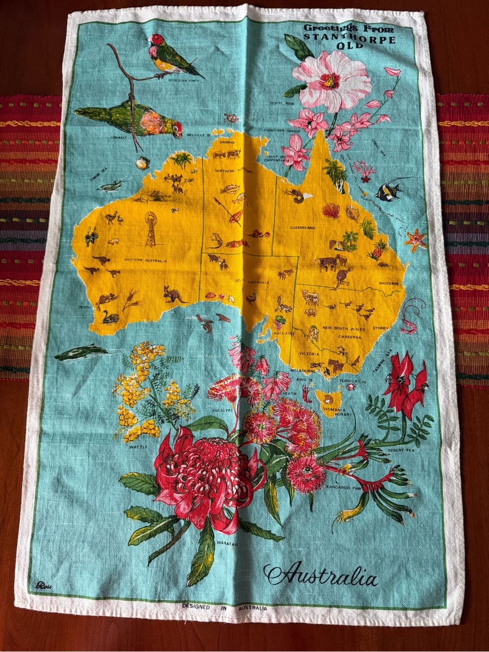Australia Map Floral Tea Towel - Blue & Yellow